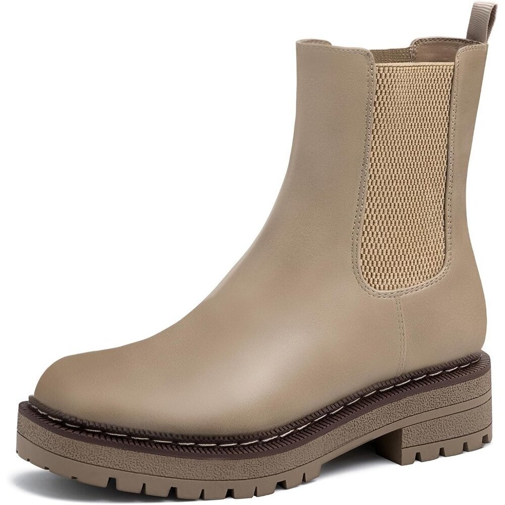 Athlefit Women Khaki Chelsea Wedge Platform Slip on Lug Sole Elastic Ankle Boot